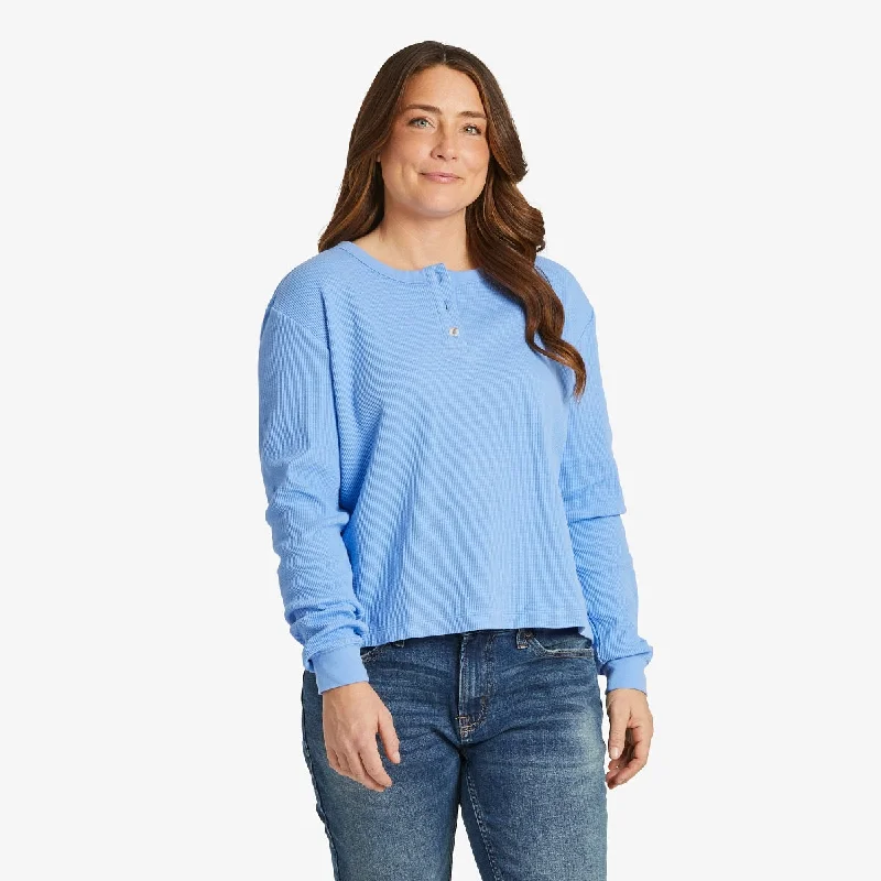 Life is Good Women's Solid Boxy Thermal Henley LS Tee, Cornflower Blue Warm Sweatshirts for Women