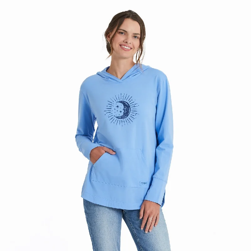 Life is Good Women's Woodcut Moon Stars Crusher-FLEX Hoodie Tunic, Cornflower Blue Hoodie Sweatshirt Trend