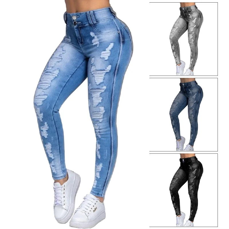 Plus Size Women Skinny Jeans Ripped Causal Denim Pants Light Washed High Waist Tight Ladies Jeans Causal Hole Female Trousers