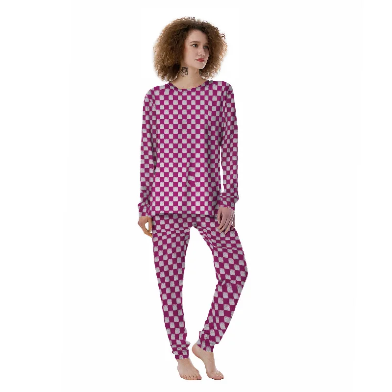 Pink And White Checkered Print Pattern Women's Pajamas Long sleeve pajama sets