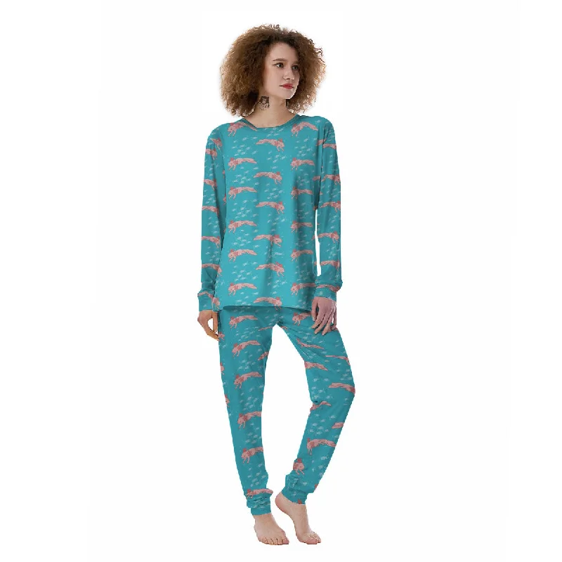 Pink Axolotl Teal Print Pattern Women's Pajamas Boho pajama sets