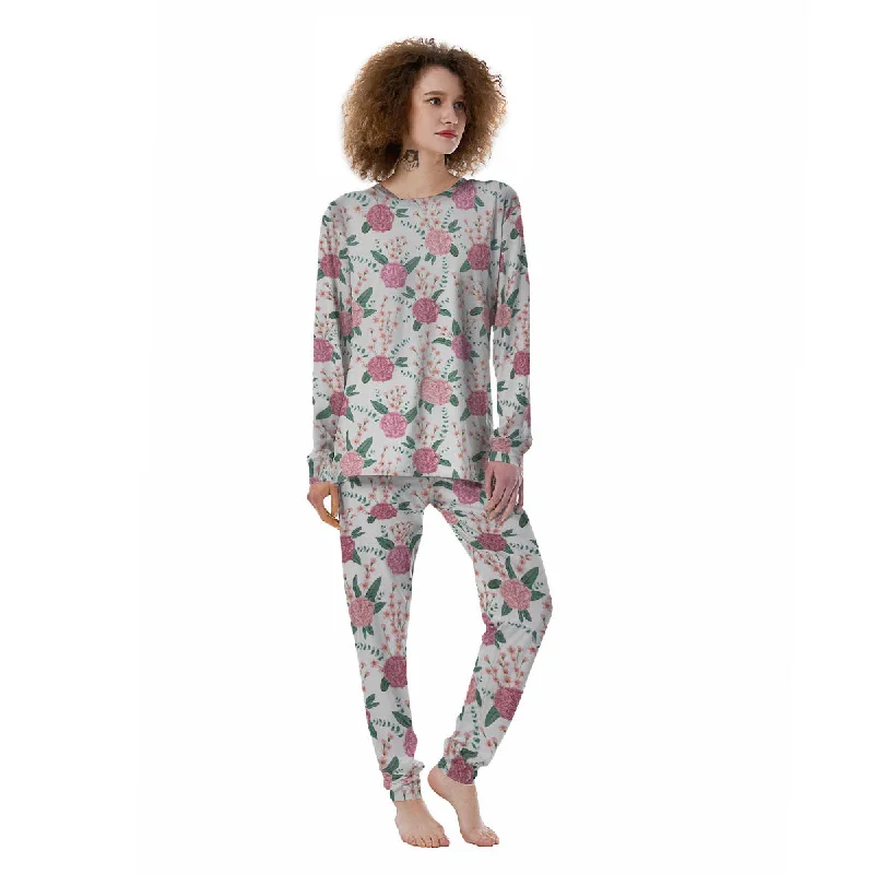 Pink Carnation White Print Pattern Women's Pajamas Cozy pajama sets