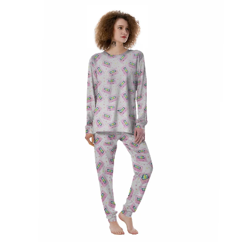 Pink Cassette Tape White Print Pattern Women's Pajamas Cooling pajama sets