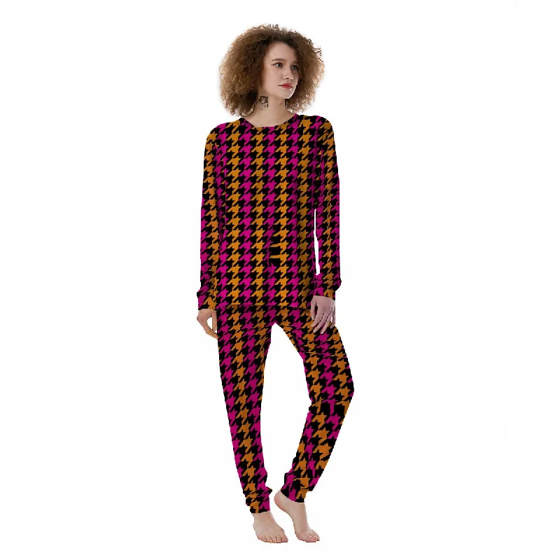 Pink Orange And Black Houndstooth Print Women's Pajamas Spring pajama sets