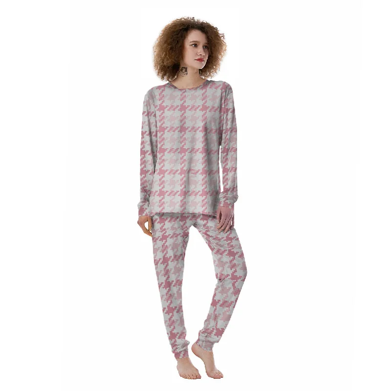 Pink Pastel And White Houndstooth Print Women's Pajamas Linen pajama sets