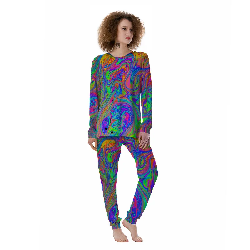 Pink Psychedelic Trippy Neon Green Print Women's Pajamas Fleece pajama sets