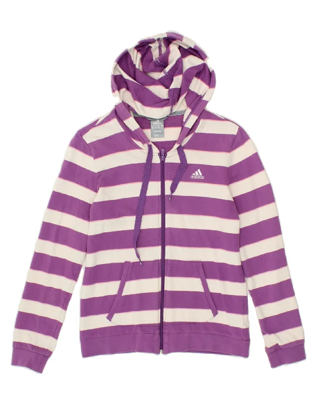 ADIDAS Womens Zip Hoodie Sweater UK 12 Medium Purple Striped Cotton Best sweaters for hiking