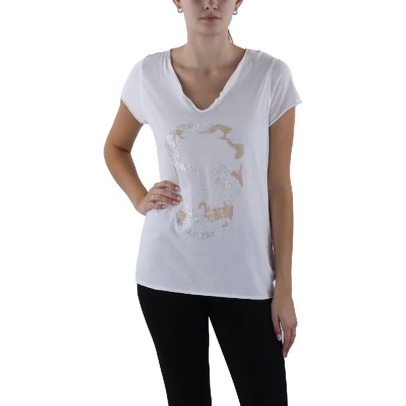 Tunisien MC Camo Skull Womens Embellished Henley Graphic T-Shirt Boho-style sweaters