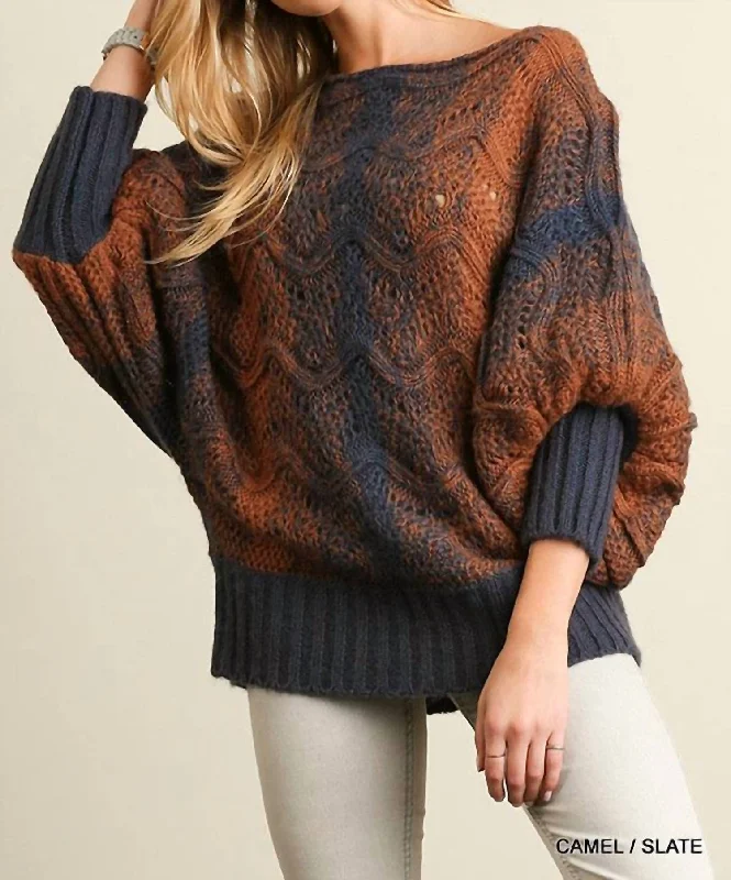 Puff Sleeve Chunky Knit Sweater In Camel And Slate Eco-friendly sweaters