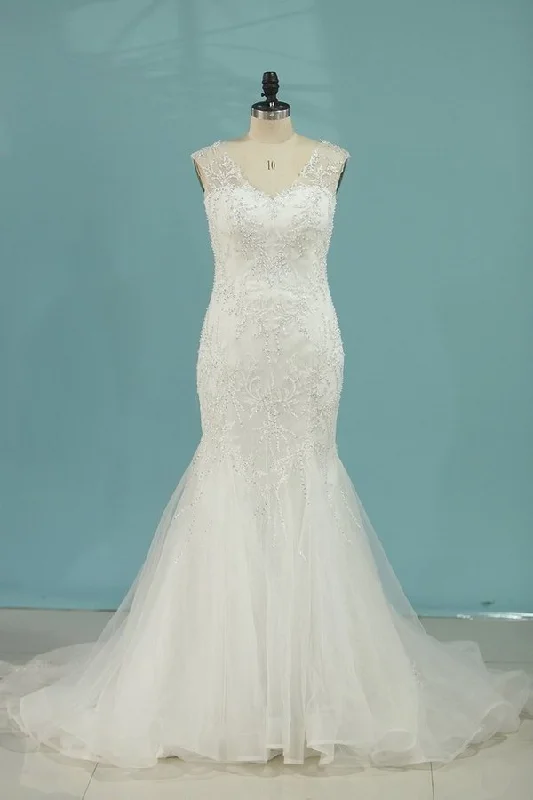 2024 Mermaid/Trumpet Wedding Dresses V-Neck Chapel Train Tulle With PE4LMZMJ Long Sleeve Gown