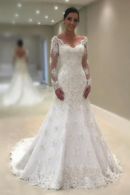 2024 Mermaid/Trumpet Wedding Dresses V Neck Long Sleeves Tulle With Applique P1RY3QQY Beaded Wedding Gown