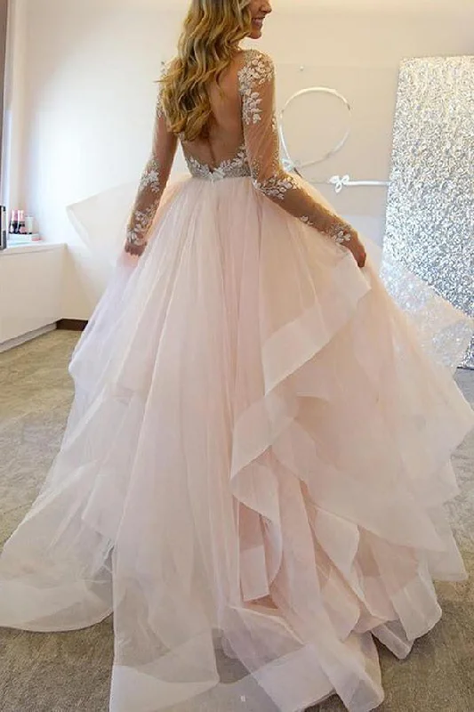 Sexy A-Line Long Sleeves Tulle Sheer Neck Wedding Dress With Appliques N343 Classic Bridal Dress