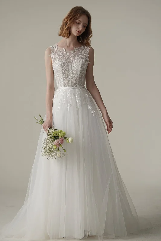 A-Line Sweep-Brush Train Tulle Wedding Dress CW3092 Floral Bridal Gown