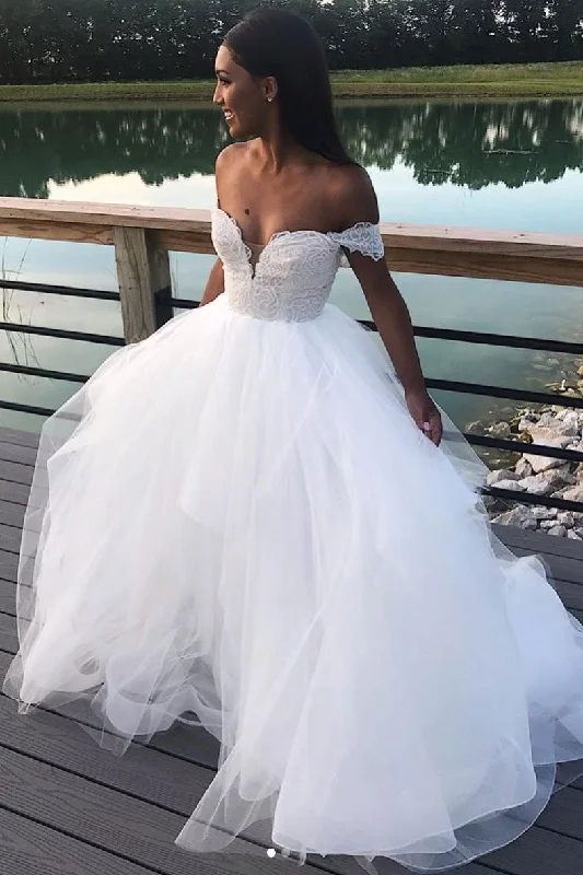 A-line Tulle White Long Prom Dresses, Off-Shoulder Wedding Dresses Full Skirt Wedding