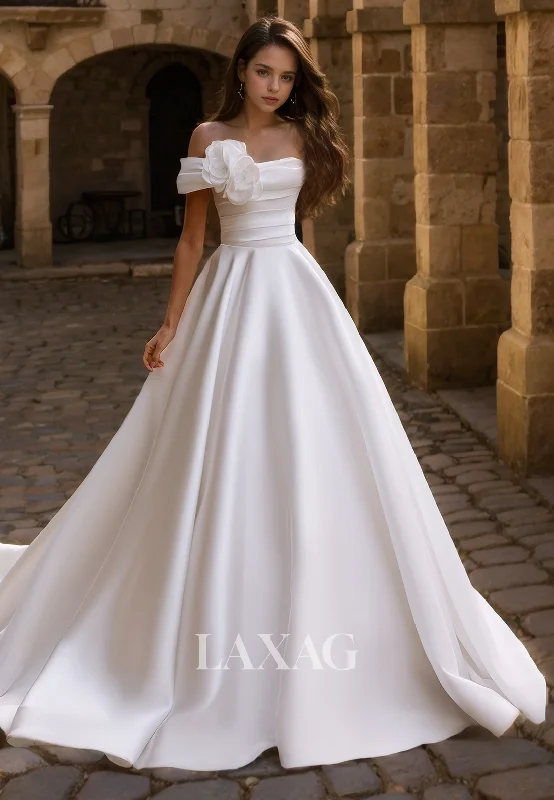 23030 - A-Line Off Shoulder Floral Embossed Sleek Satin Wedding Dress with Train White Lace Gown