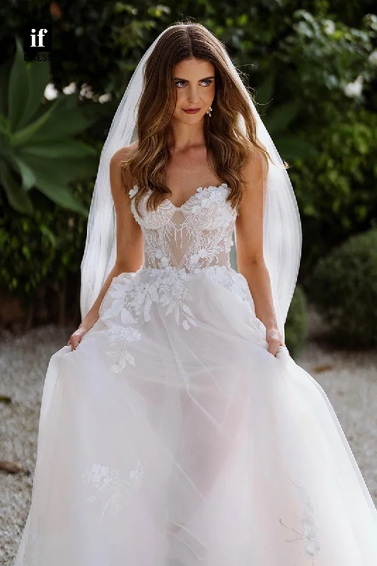 31598 - Honorable Sweetheart Sleeveless Appliques Lace Boho Wedding Dress Satin Wedding Dress