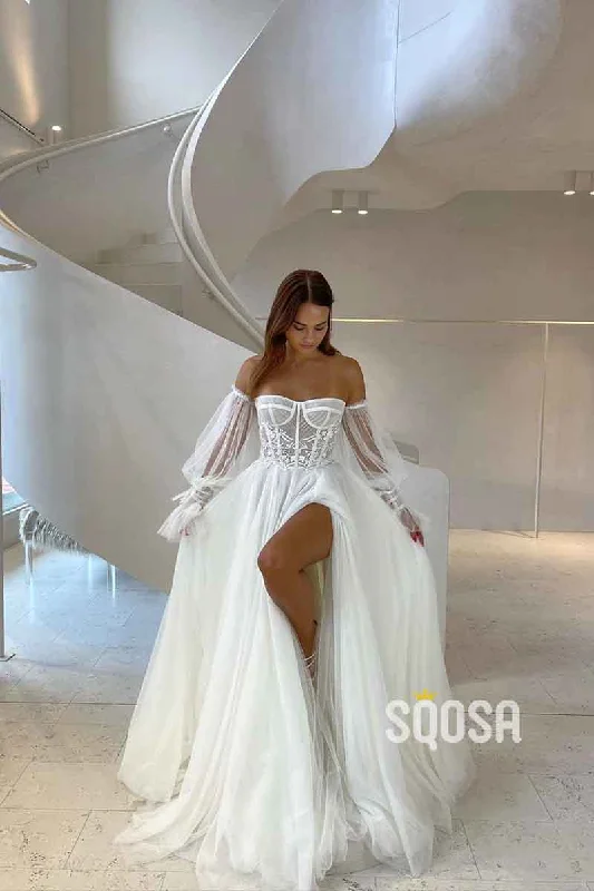 A line Sweetheart Long Sleeves Tulle Elegant Wedding Dress with Slit QW2522 Boho Chic Gown