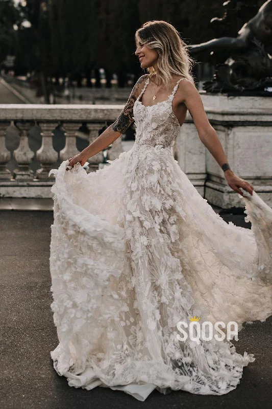 Unique Bateau Allover Lace Wedding Gown Bohemian Wedding Dress QW2656 Beautiful Bridal Gown