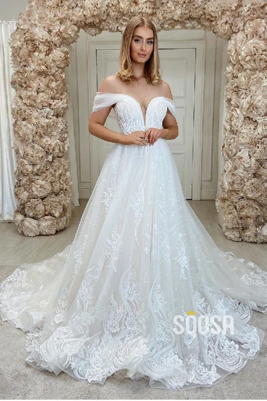 Unique Off-the-Shoulder Appliques A-line Wedding Dress QW2677 Lace Boho Dress