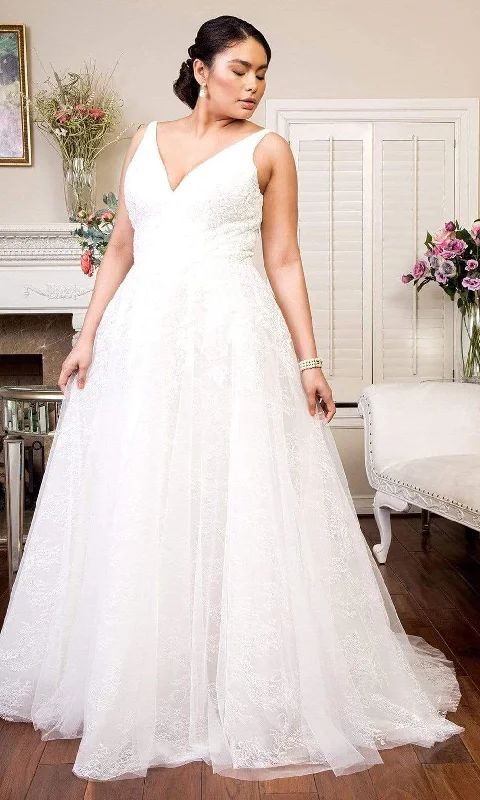 Elizabeth K - GL1902 Embellished Plunging V Neck A-line Bridal Gown Mermaid Wedding Gown