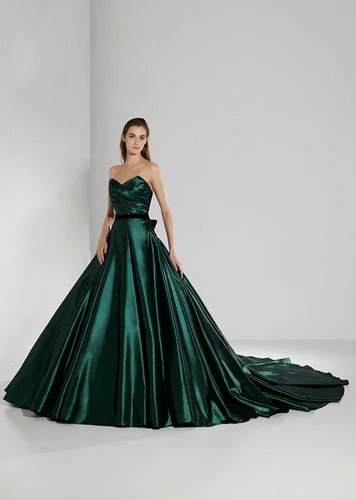 G988, Bottle Green Satin Pre Wedding Shoot Long Trail Gown, Size (All)pp Glamorous Wedding Dress