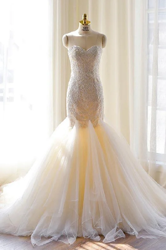 Gorgeous Ivory Sweetheart Strapless Tulle Mermaid Lace-Appliques Wedding Dress N341 Elegant Bridal Gown