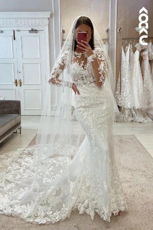 K1988 - Elegant & Luxurious Long Sleeves Mermaid Appilque V-Neck Wedding Dress Wedding Dress Long