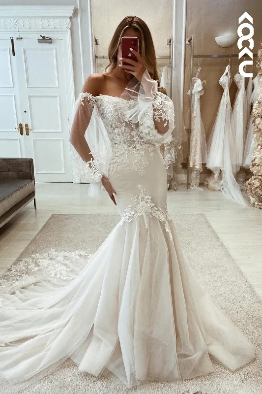 K1989 - Gorgeous & Charming Off-Shoulder Long Sleeves Mermaid Applique Wedding Dress Lace Train Dress