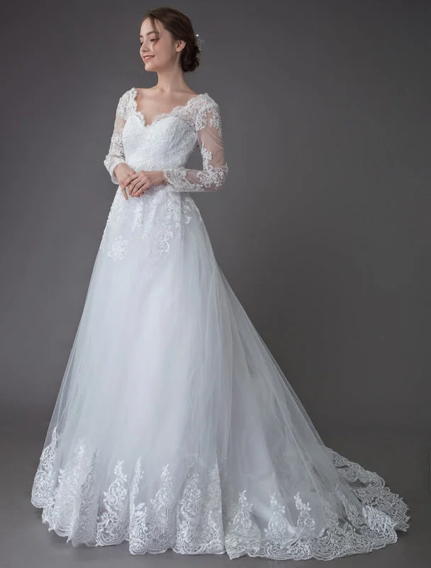 Lace Wedding Dresses Ball Gown V Neck Long Sleeve Backless Princess Bridal Dress Exclusive Soft Satin Bridal