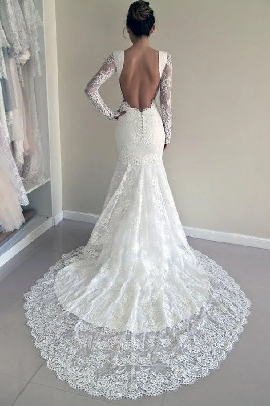 Long Sleeves Open Back Lace Wedding Dress With Train,Mermaid Beach Wedding Dress,N186 Open Back Dress