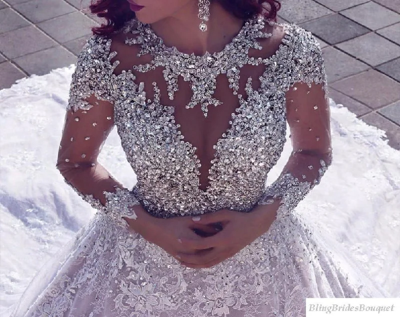 Long Sleeved Lace Wedding Gown with  Luxury beading Glitter Wedding Dress