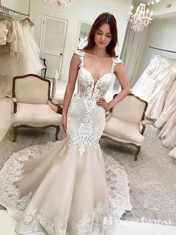 Mermaid Charming Straps Lace Long Cheap Wedding Dresses, WDS0034 Lace Sleeveless Dress