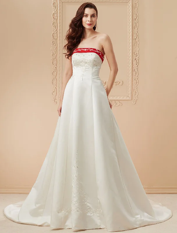 Open Back Wedding Dresses Sweep / Brush Train Ball Gown Strapless Strapless Satin With Embroidery Appliques Romantic Satin Dress