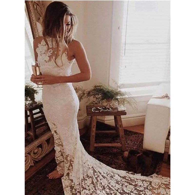 Popular Halter Mermaid Simple Sleeveless Lace Wedding Dresses, WD0402 Floral Wedding Gown