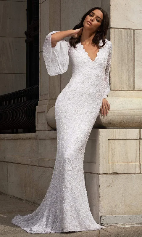 Primavera Bridal - 3593 Bell Sleeve Beaded Lace Bridal Gown Classic Bridal Gown