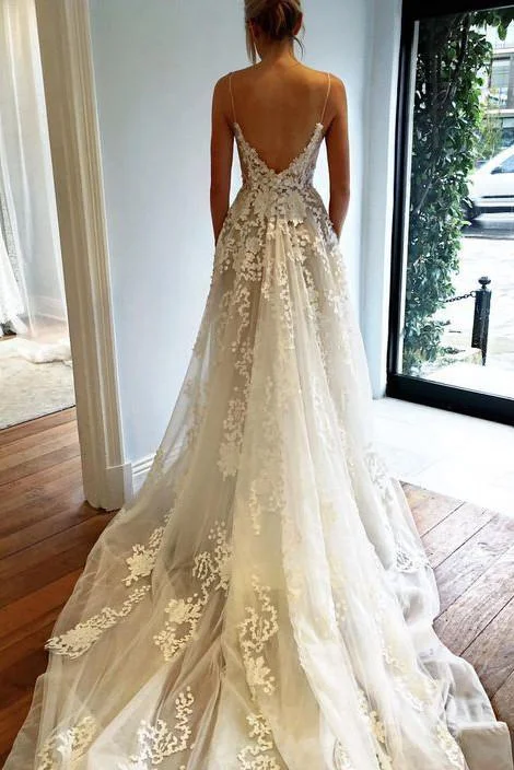 Deep V neck Lace Wedding Dress,Spaghetti Straps Beach Wedding Dress N74 Sparkling Bridal Gown