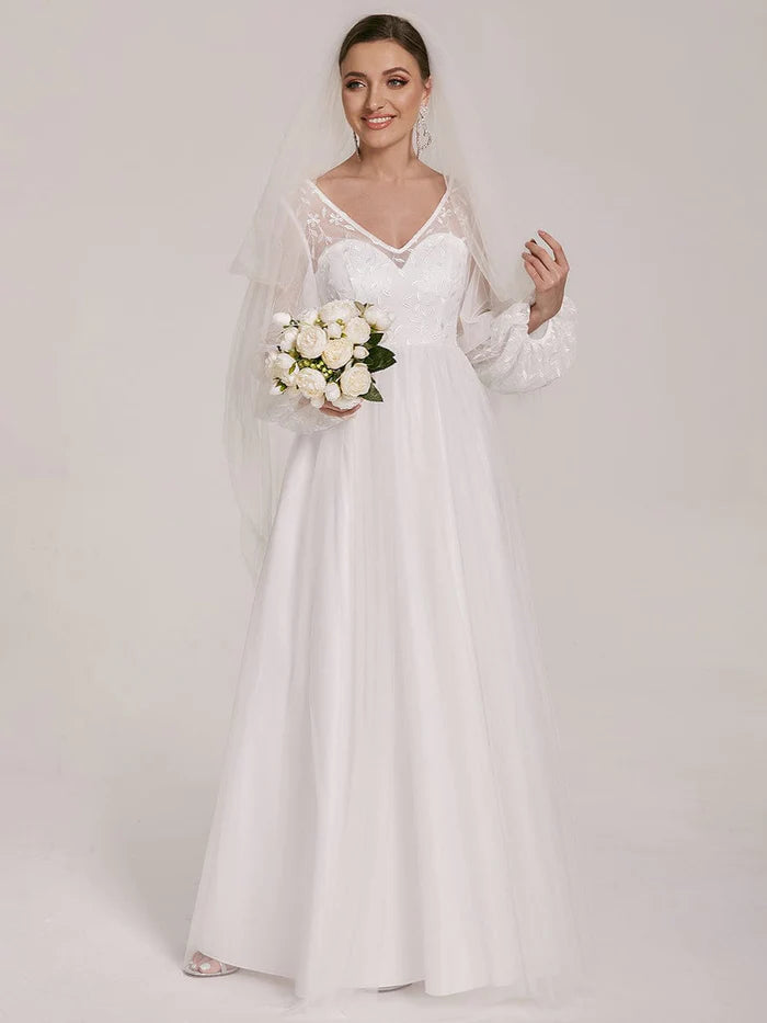 Sheer Floral Puffed Sleeve Sweetheart A-Line Wedding Dress Full Skirt Gown