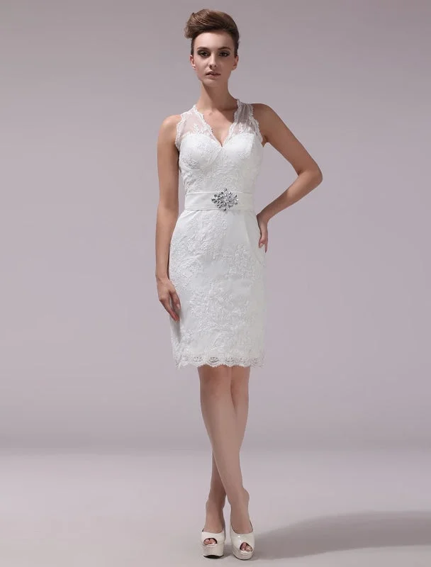 White Sheath Rhinestone Knee-Length Lace Wedding Reception Dress With V-Neck Exclusive Sexy Satin Gown