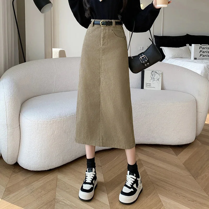 FashionSierra - Women 2024 New Autumn Winter Fashion High Waist Straight Ladies Retro Casual Mid-length Skirt Travel unclassified skirts