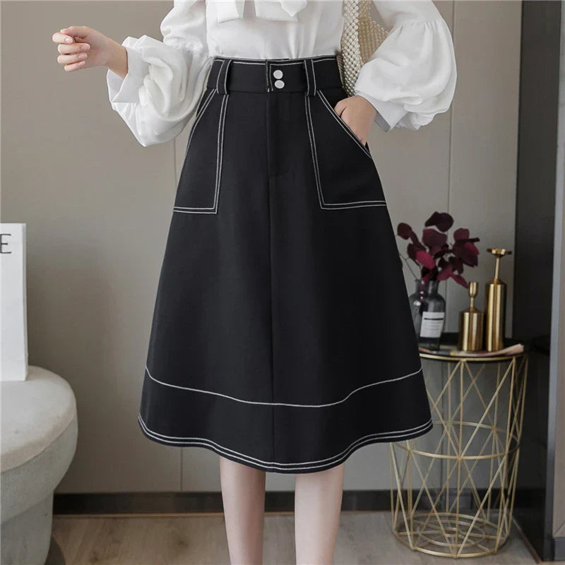 FashionSierra - 2024 New Fashion Hit Color High Waist Women Spring Summer A-Line Knee Length Black/Beige Female Skirt Engagement unclassified skirts