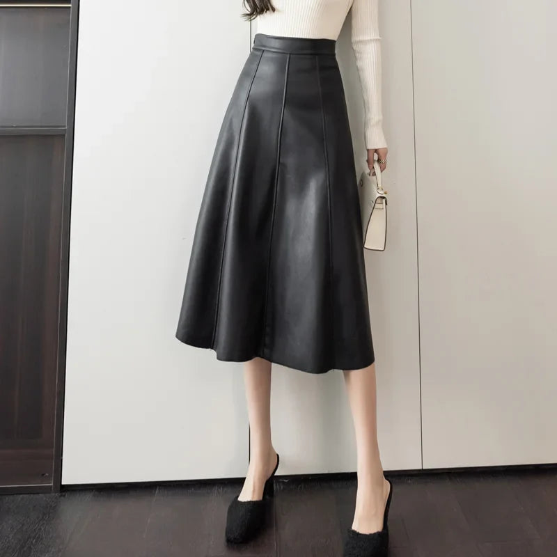 FashionSierra - A-line Leather Splicing High Waist For Women Office Mid-length Female Autumn Winter PU Umbrella Skirt A-line unclassified skirts