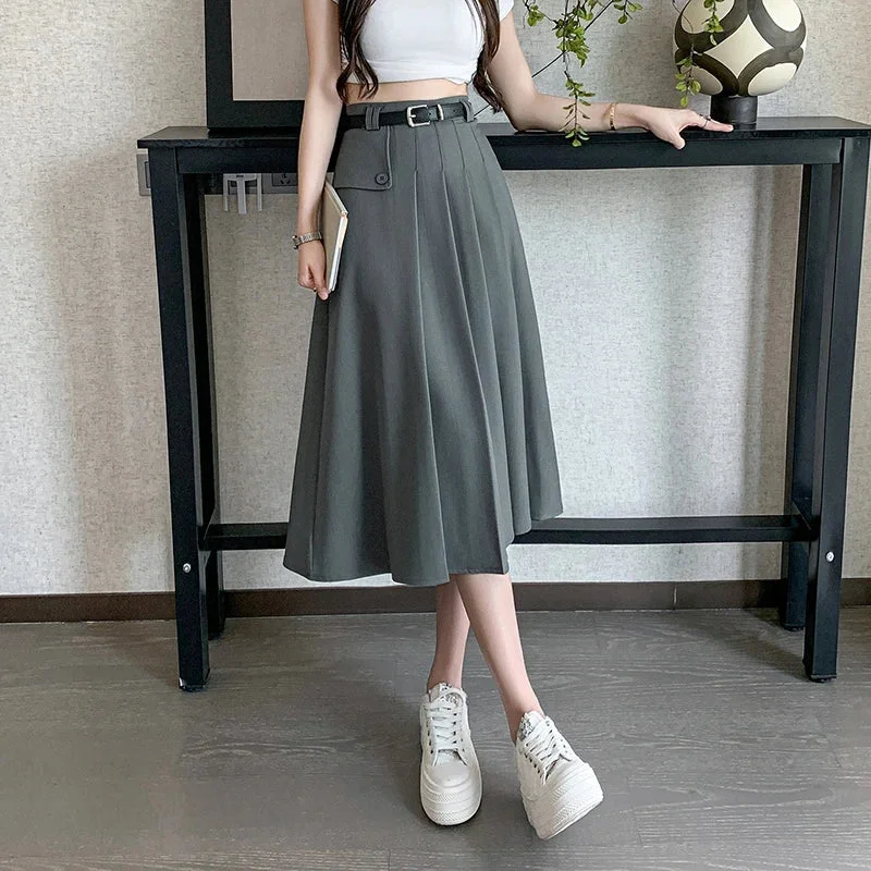 FashionSierra - 2024 Autumn New High Waist A-line Pleated Women Gray Fashion Suit Korean Ladies Spring Mid-length Skirt Luxury unclassified skirts