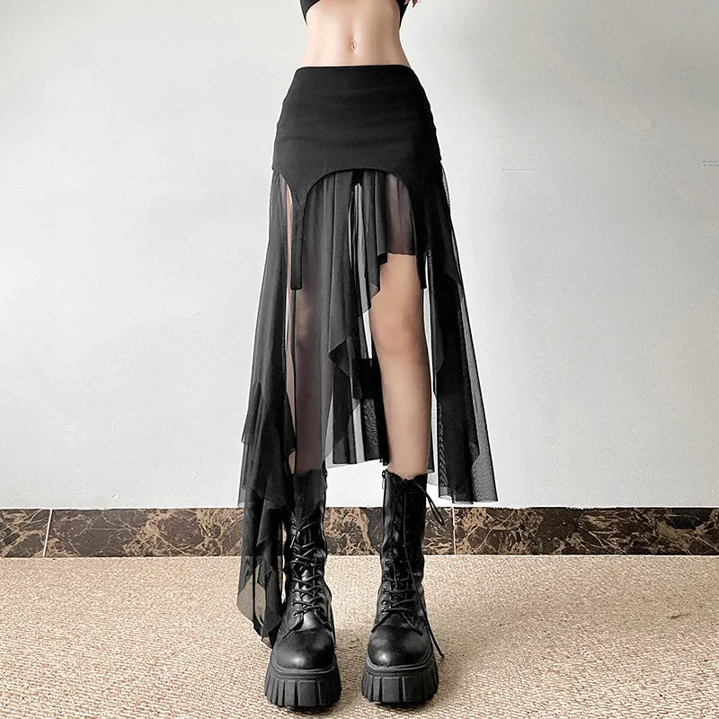 Goth Irregular Fashion Y2K Cyber Club Hem Alt Harajuku Patchwork Mid Mesh Streetwear Skirt Best-selling unclassified skirts