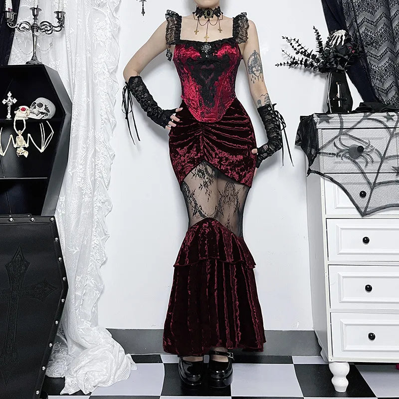 Black Fairy Grunge Women Gothic Velvet Lace Stitching Fall Sexy Fishtail Skirt Holiday unclassified skirts