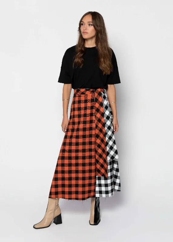 KARA Checked Colour-block Wrap Skirt - Orange Graduation unclassified skirts