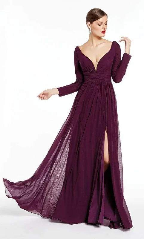 Alyce Paris - 27304 Long Sleeves V Neck Jersey Dress with Slit - 2 pc Claret in Size 16 and 20 Available A-line maxi dresses