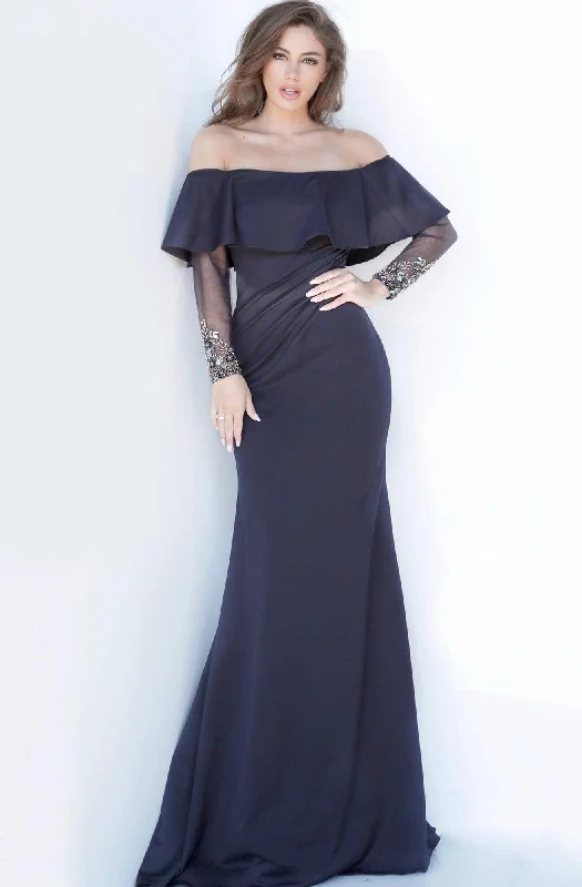 Jovani - 1152 Off-Shoulder Long Sleeves Sheath Dress Best maxi dresses for petites