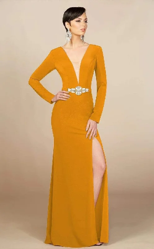 MNM Couture - M0006 Long Sleeve Plunging Column Slit Dress ASOS maxi dresses