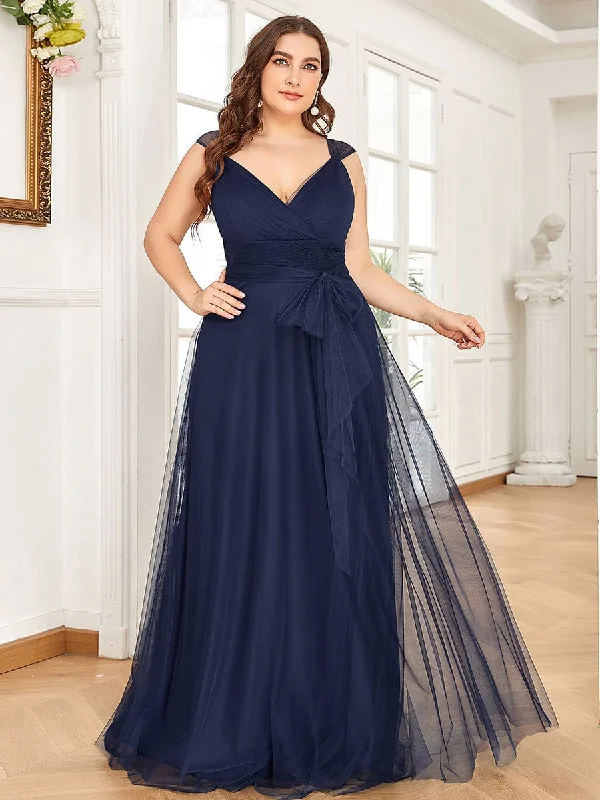 Plus Size Double V Neck Maxi Tulle Bridesmaid Dress Winter maxi dresses