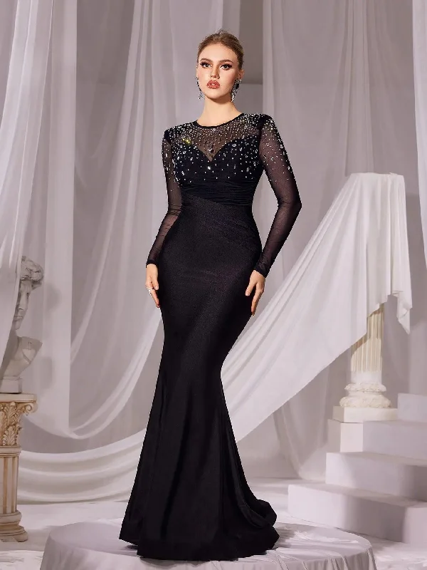 Rhinestone Detail Round Neck Long Sleeves Mermaid Dress Lace maxi dresses